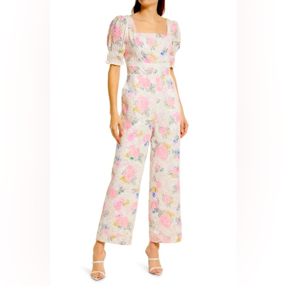 NWT Adelyn Rae Angei Eyelet Embroidered Jumpsuit in Pink Floral